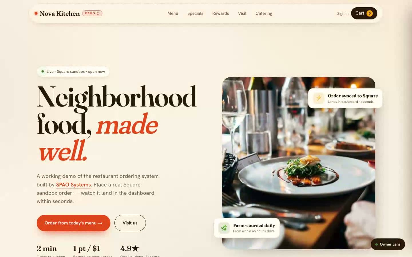 Toma principal de la página de inicio de Nova Kitchen — 'Neighborhood food, made well' con un plato y anotaciones del dashboard de Square.