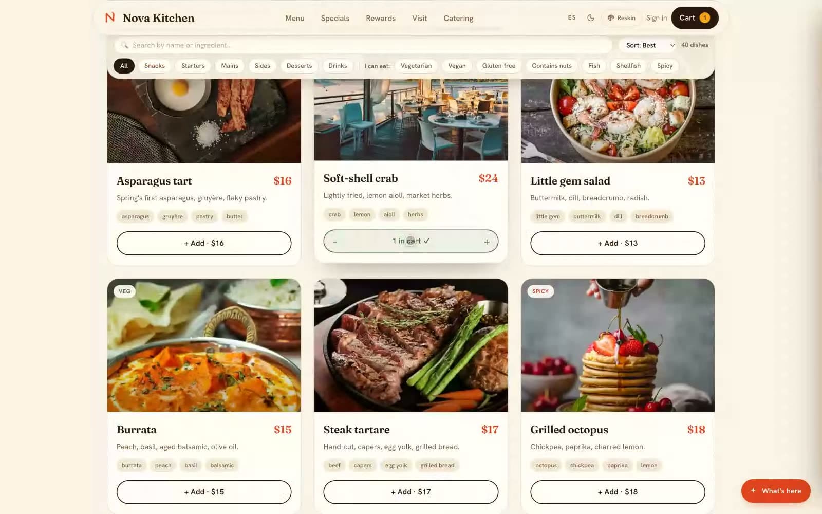 Menú inteligente de Nova Kitchen a mitad del recorrido — una cuadrícula de platos con precios, filtros dietéticos y botones de agregar.