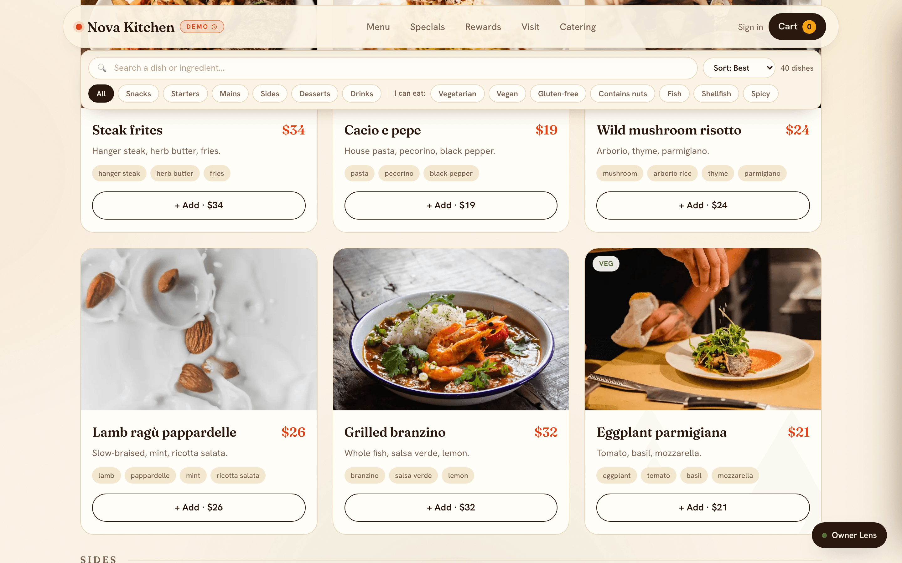 Nova Kitchen smart menu page with dietary filter chips